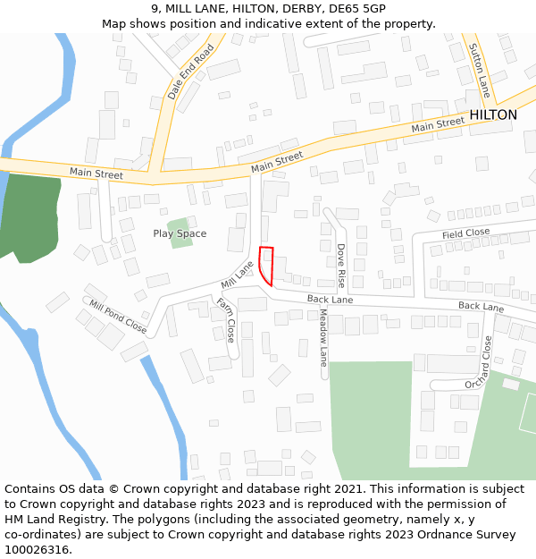 9, MILL LANE, HILTON, DERBY, DE65 5GP: Location map and indicative extent of plot