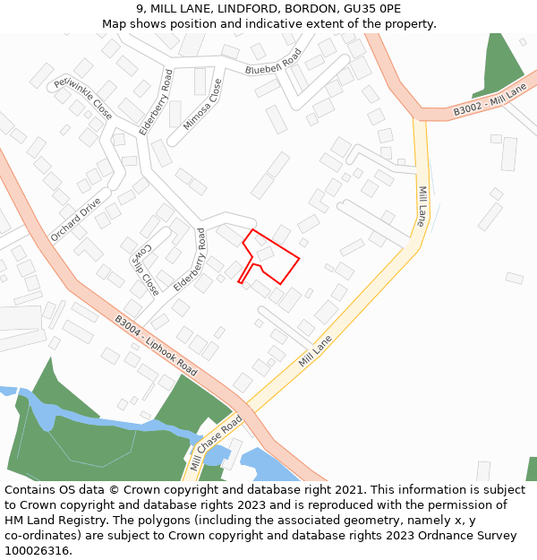9, MILL LANE, LINDFORD, BORDON, GU35 0PE: Location map and indicative extent of plot