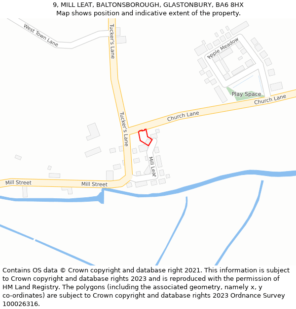 9, MILL LEAT, BALTONSBOROUGH, GLASTONBURY, BA6 8HX: Location map and indicative extent of plot