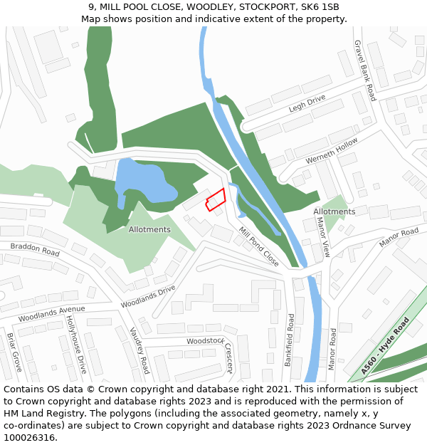 9, MILL POOL CLOSE, WOODLEY, STOCKPORT, SK6 1SB: Location map and indicative extent of plot