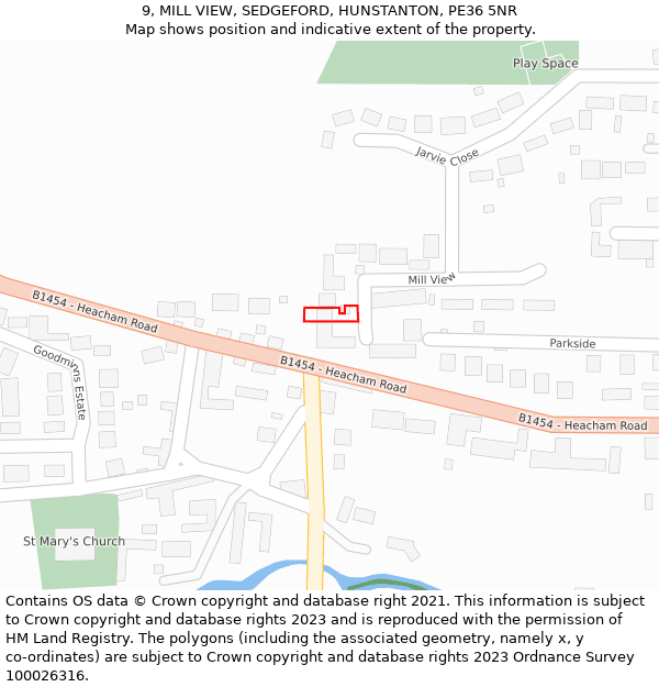 9, MILL VIEW, SEDGEFORD, HUNSTANTON, PE36 5NR: Location map and indicative extent of plot