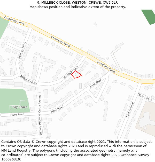 9, MILLBECK CLOSE, WESTON, CREWE, CW2 5LR: Location map and indicative extent of plot