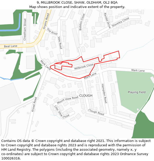 9, MILLBROOK CLOSE, SHAW, OLDHAM, OL2 8QA: Location map and indicative extent of plot