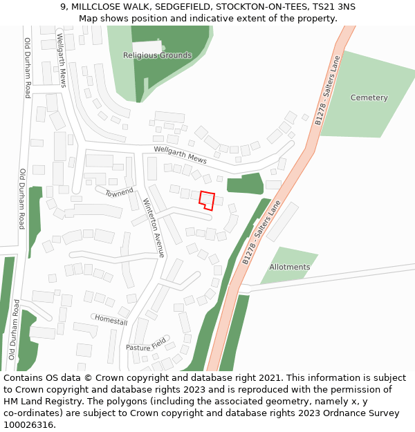 9, MILLCLOSE WALK, SEDGEFIELD, STOCKTON-ON-TEES, TS21 3NS: Location map and indicative extent of plot