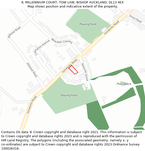 9, MILLENNIUM COURT, TOW LAW, BISHOP AUCKLAND, DL13 4EX: Location map and indicative extent of plot