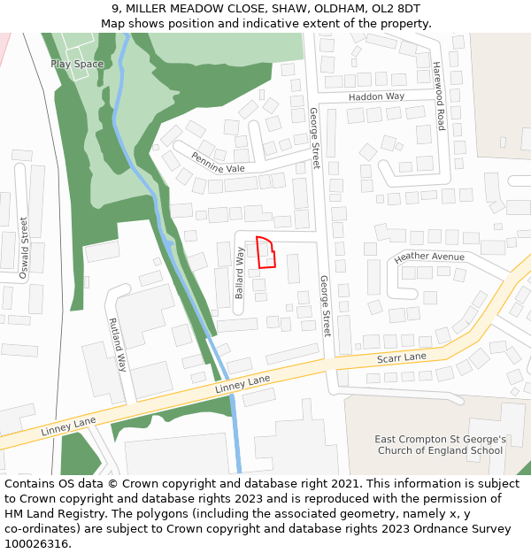 9, MILLER MEADOW CLOSE, SHAW, OLDHAM, OL2 8DT: Location map and indicative extent of plot