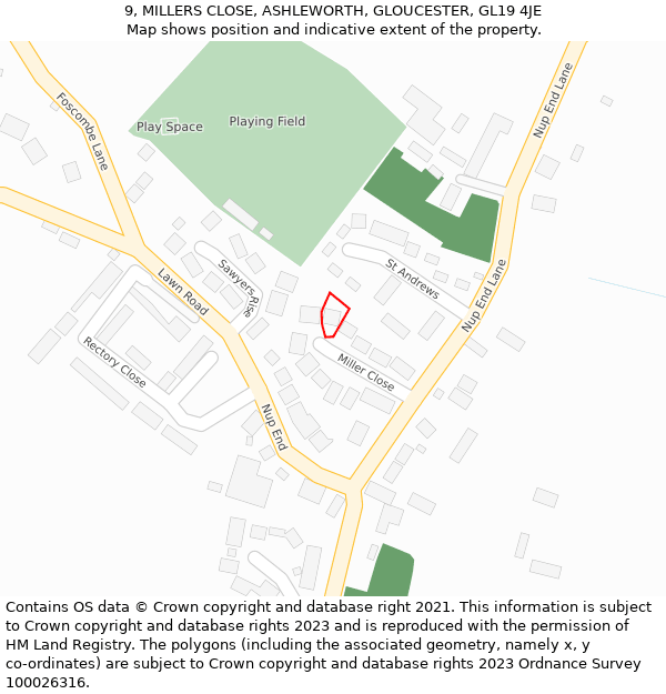 9, MILLERS CLOSE, ASHLEWORTH, GLOUCESTER, GL19 4JE: Location map and indicative extent of plot
