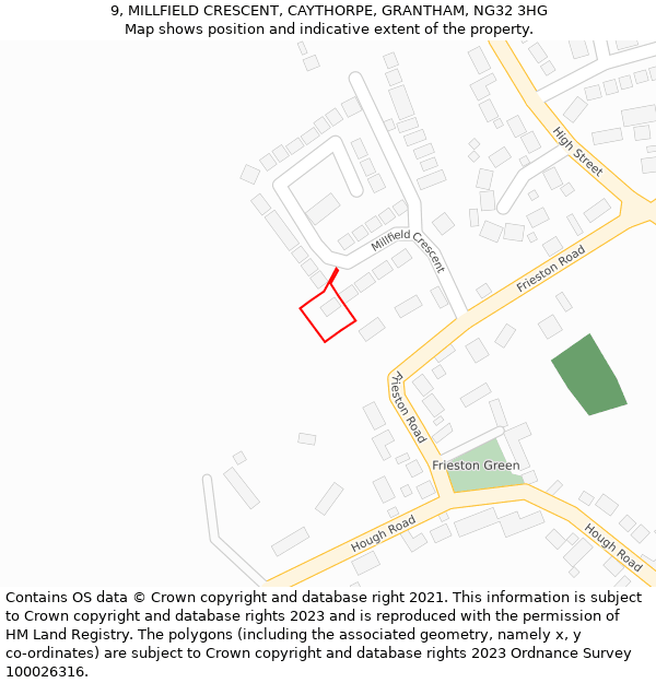 9, MILLFIELD CRESCENT, CAYTHORPE, GRANTHAM, NG32 3HG: Location map and indicative extent of plot