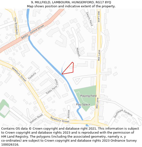 9, MILLFIELD, LAMBOURN, HUNGERFORD, RG17 8YQ: Location map and indicative extent of plot