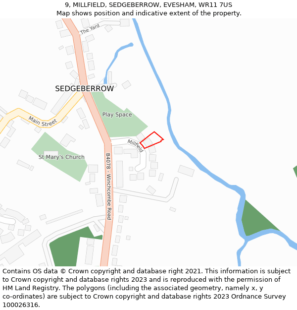 9, MILLFIELD, SEDGEBERROW, EVESHAM, WR11 7US: Location map and indicative extent of plot