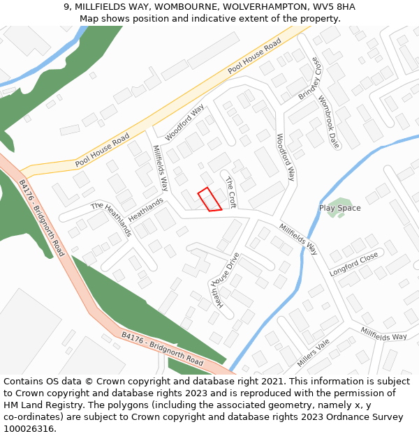 9, MILLFIELDS WAY, WOMBOURNE, WOLVERHAMPTON, WV5 8HA: Location map and indicative extent of plot
