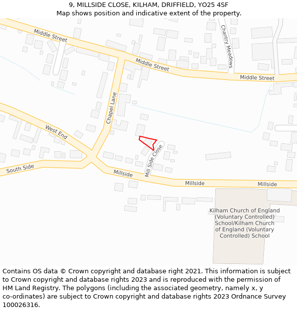 9, MILLSIDE CLOSE, KILHAM, DRIFFIELD, YO25 4SF: Location map and indicative extent of plot