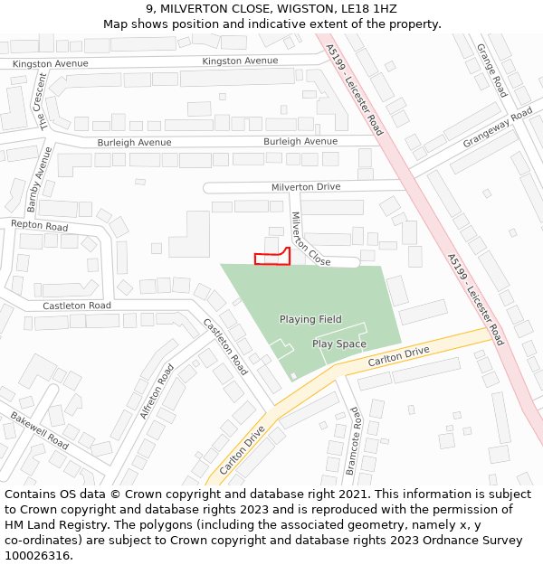 9, MILVERTON CLOSE, WIGSTON, LE18 1HZ: Location map and indicative extent of plot