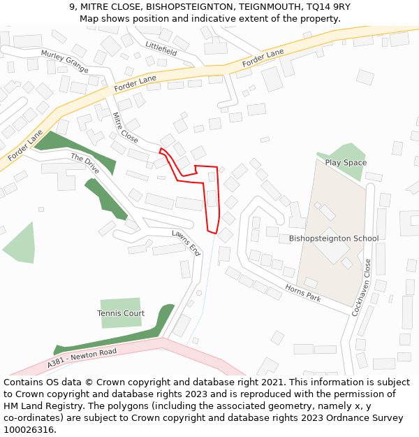 9, MITRE CLOSE, BISHOPSTEIGNTON, TEIGNMOUTH, TQ14 9RY: Location map and indicative extent of plot