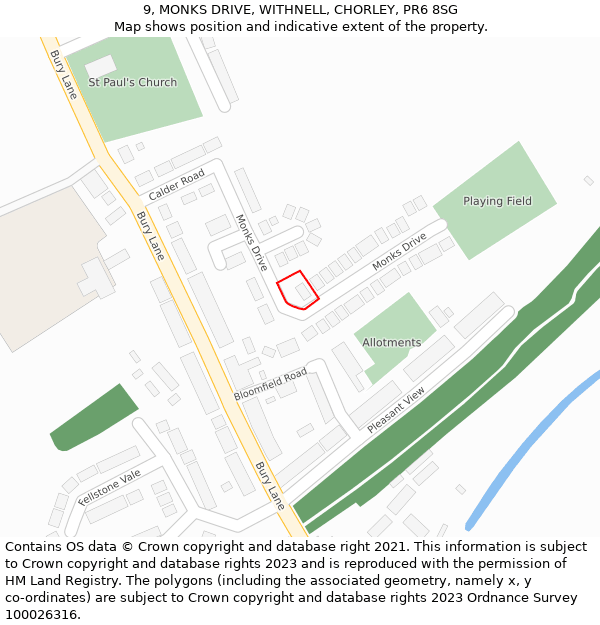 9, MONKS DRIVE, WITHNELL, CHORLEY, PR6 8SG: Location map and indicative extent of plot