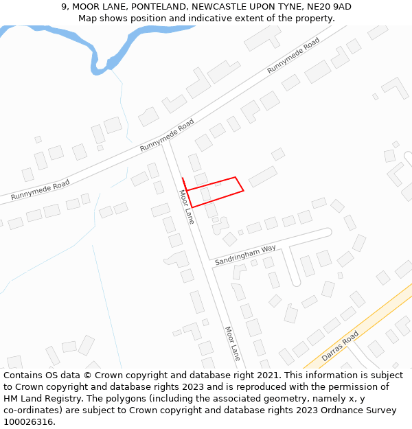 9, MOOR LANE, PONTELAND, NEWCASTLE UPON TYNE, NE20 9AD: Location map and indicative extent of plot