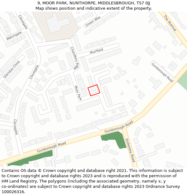 9, MOOR PARK, NUNTHORPE, MIDDLESBROUGH, TS7 0JJ: Location map and indicative extent of plot