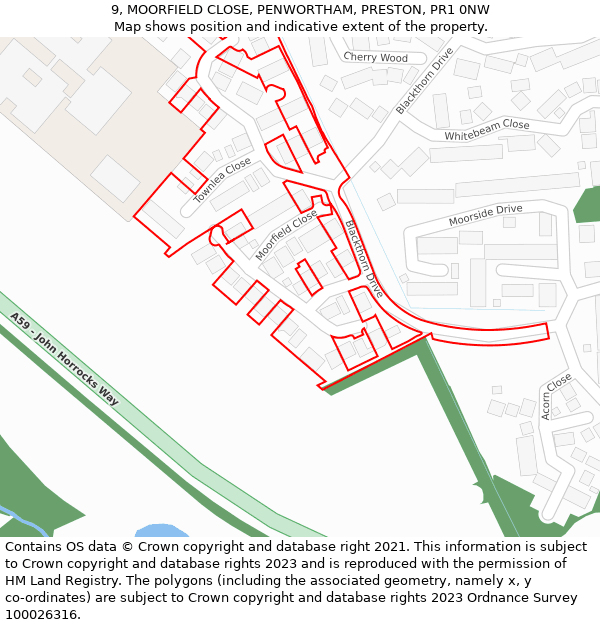 9, MOORFIELD CLOSE, PENWORTHAM, PRESTON, PR1 0NW: Location map and indicative extent of plot