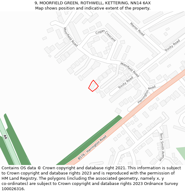 9, MOORFIELD GREEN, ROTHWELL, KETTERING, NN14 6AX: Location map and indicative extent of plot