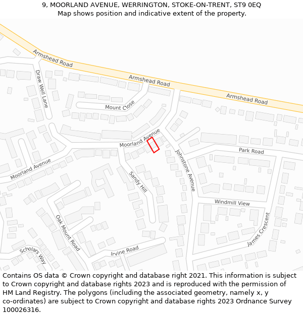 9, MOORLAND AVENUE, WERRINGTON, STOKE-ON-TRENT, ST9 0EQ: Location map and indicative extent of plot