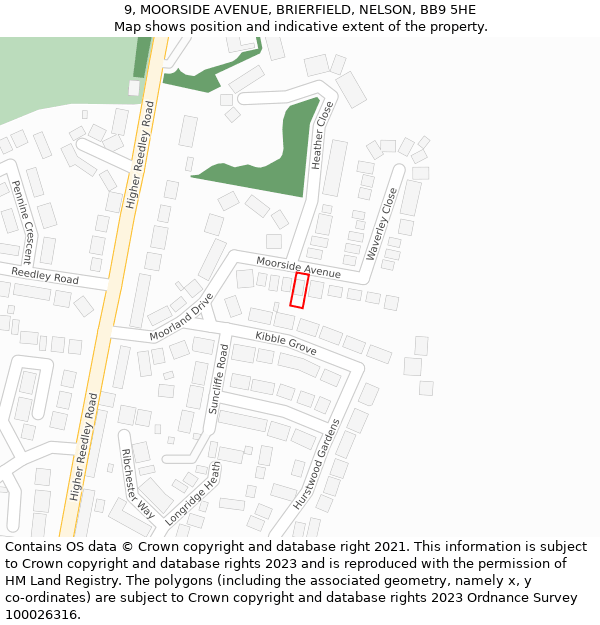 9, MOORSIDE AVENUE, BRIERFIELD, NELSON, BB9 5HE: Location map and indicative extent of plot