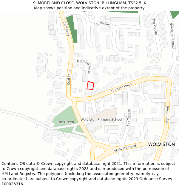 9, MORELAND CLOSE, WOLVISTON, BILLINGHAM, TS22 5LX: Location map and indicative extent of plot