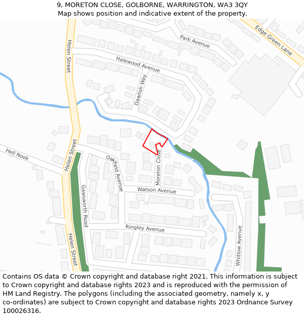 9, MORETON CLOSE, GOLBORNE, WARRINGTON, WA3 3QY: Location map and indicative extent of plot