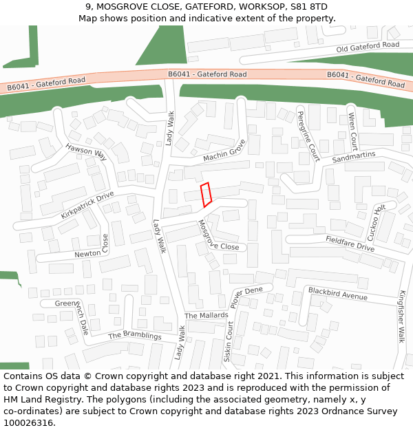 9, MOSGROVE CLOSE, GATEFORD, WORKSOP, S81 8TD: Location map and indicative extent of plot