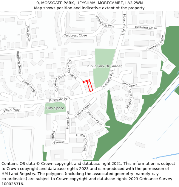 9, MOSSGATE PARK, HEYSHAM, MORECAMBE, LA3 2WN: Location map and indicative extent of plot