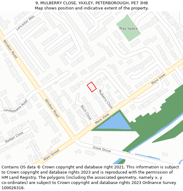 9, MULBERRY CLOSE, YAXLEY, PETERBOROUGH, PE7 3HB: Location map and indicative extent of plot