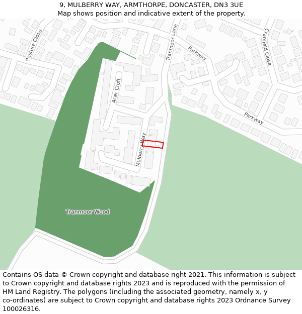 9, MULBERRY WAY, ARMTHORPE, DONCASTER, DN3 3UE: Location map and indicative extent of plot