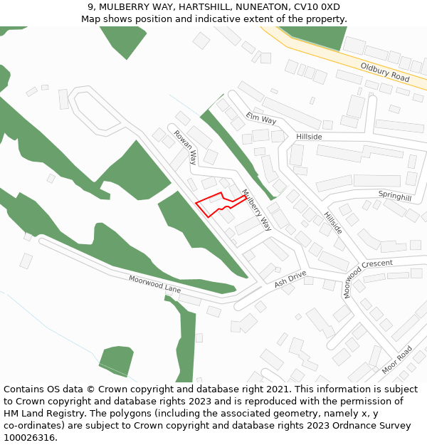 9, MULBERRY WAY, HARTSHILL, NUNEATON, CV10 0XD: Location map and indicative extent of plot