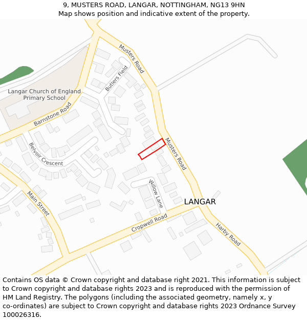9, MUSTERS ROAD, LANGAR, NOTTINGHAM, NG13 9HN: Location map and indicative extent of plot