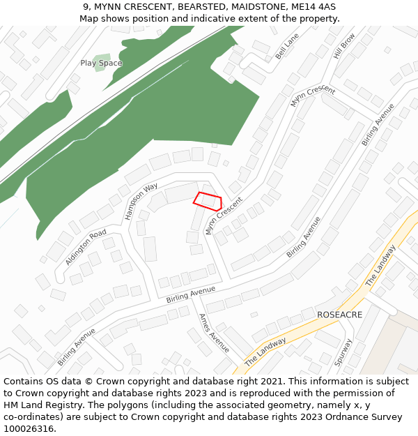 9, MYNN CRESCENT, BEARSTED, MAIDSTONE, ME14 4AS: Location map and indicative extent of plot