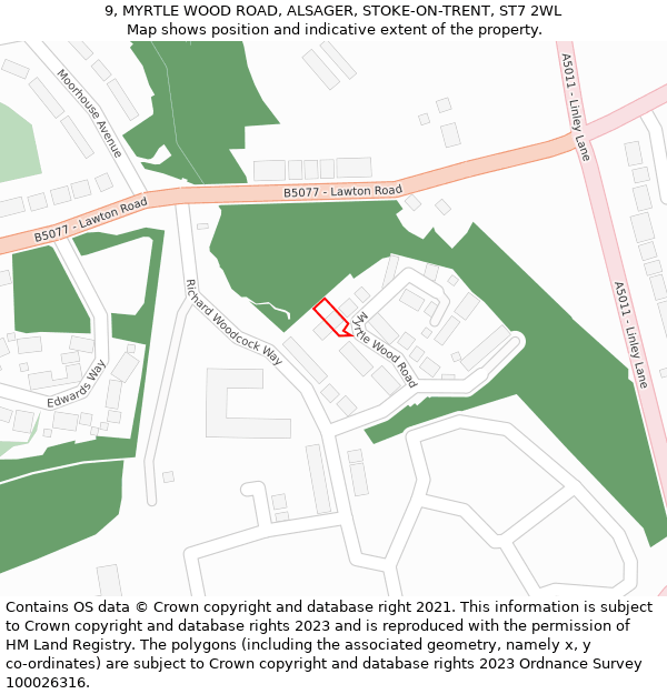 9, MYRTLE WOOD ROAD, ALSAGER, STOKE-ON-TRENT, ST7 2WL: Location map and indicative extent of plot