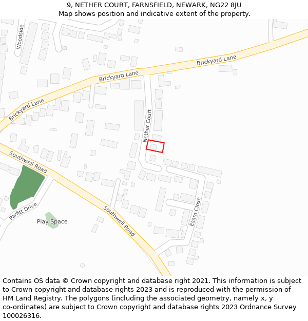 9, NETHER COURT, FARNSFIELD, NEWARK, NG22 8JU: Location map and indicative extent of plot