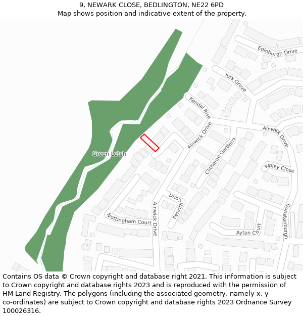 9, NEWARK CLOSE, BEDLINGTON, NE22 6PD: Location map and indicative extent of plot