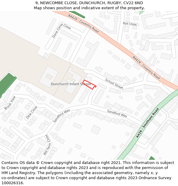 9, NEWCOMBE CLOSE, DUNCHURCH, RUGBY, CV22 6ND: Location map and indicative extent of plot