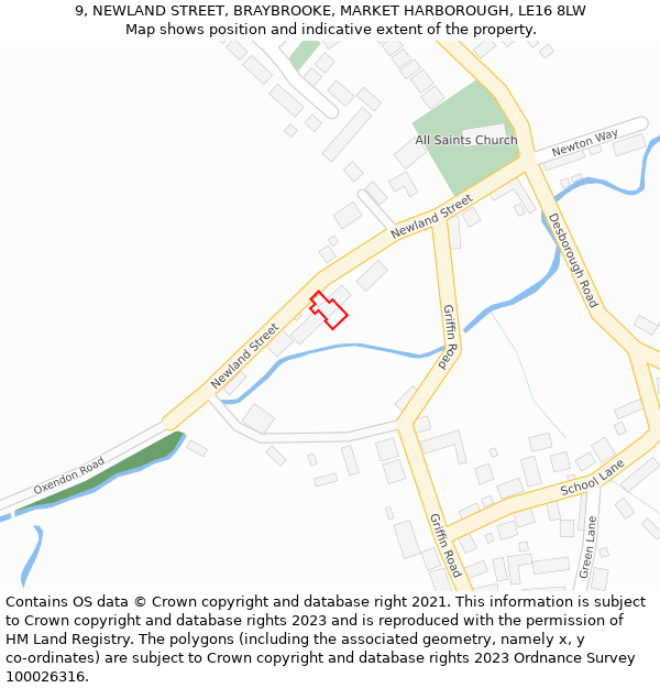 9, NEWLAND STREET, BRAYBROOKE, MARKET HARBOROUGH, LE16 8LW: Location map and indicative extent of plot