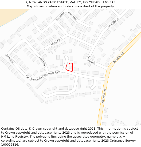 9, NEWLANDS PARK ESTATE, VALLEY, HOLYHEAD, LL65 3AR: Location map and indicative extent of plot