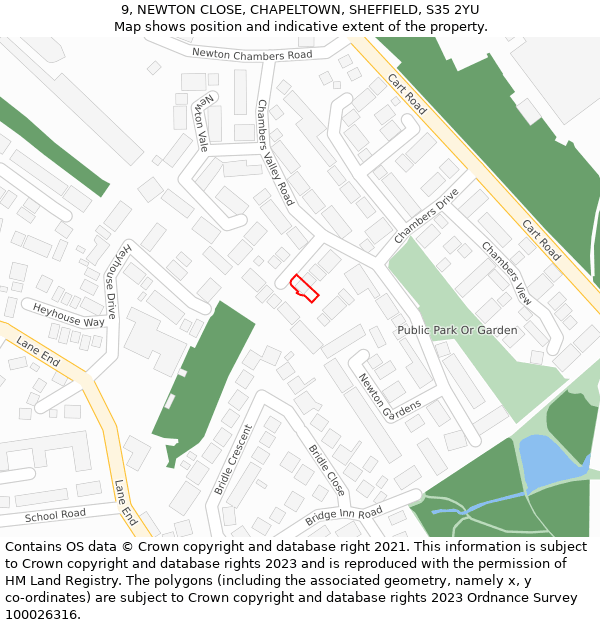 9, NEWTON CLOSE, CHAPELTOWN, SHEFFIELD, S35 2YU: Location map and indicative extent of plot