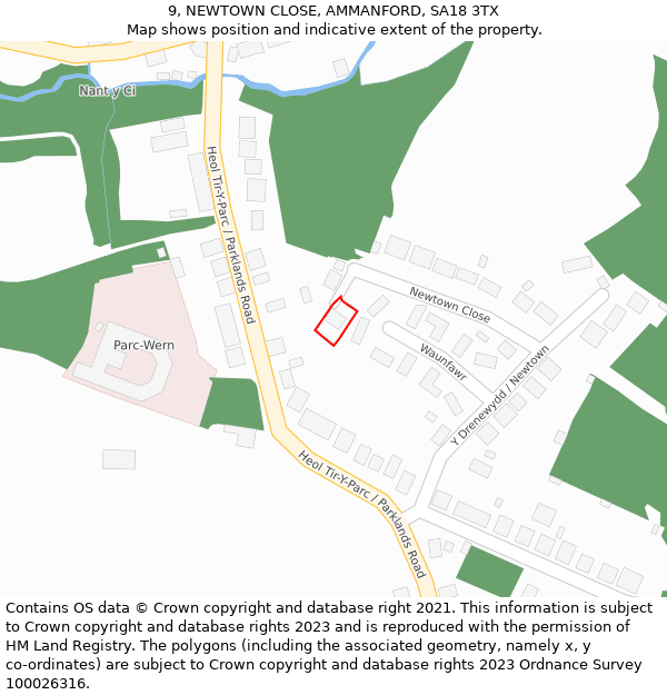 9, NEWTOWN CLOSE, AMMANFORD, SA18 3TX: Location map and indicative extent of plot