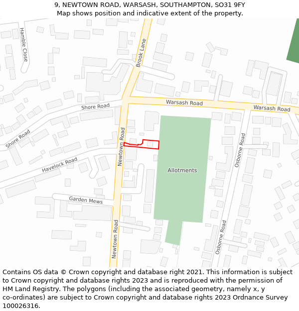 9, NEWTOWN ROAD, WARSASH, SOUTHAMPTON, SO31 9FY: Location map and indicative extent of plot