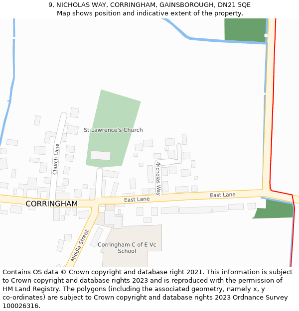 9, NICHOLAS WAY, CORRINGHAM, GAINSBOROUGH, DN21 5QE: Location map and indicative extent of plot