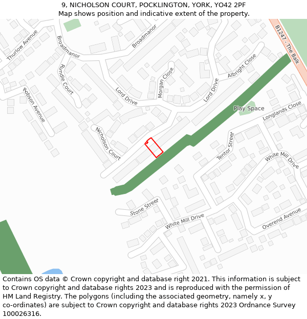 9, NICHOLSON COURT, POCKLINGTON, YORK, YO42 2PF: Location map and indicative extent of plot