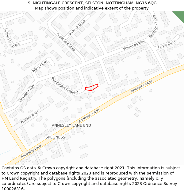 9, NIGHTINGALE CRESCENT, SELSTON, NOTTINGHAM, NG16 6QG: Location map and indicative extent of plot