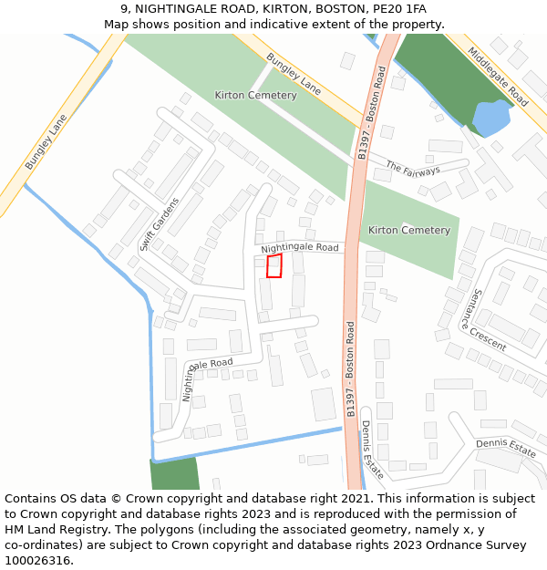 9, NIGHTINGALE ROAD, KIRTON, BOSTON, PE20 1FA: Location map and indicative extent of plot