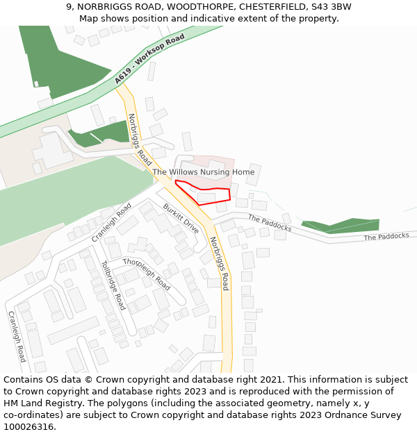 9, NORBRIGGS ROAD, WOODTHORPE, CHESTERFIELD, S43 3BW: Location map and indicative extent of plot