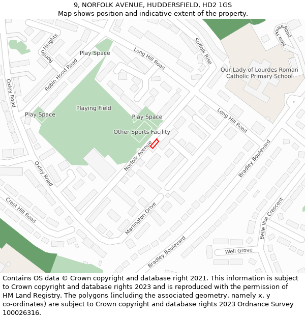 9, NORFOLK AVENUE, HUDDERSFIELD, HD2 1GS: Location map and indicative extent of plot
