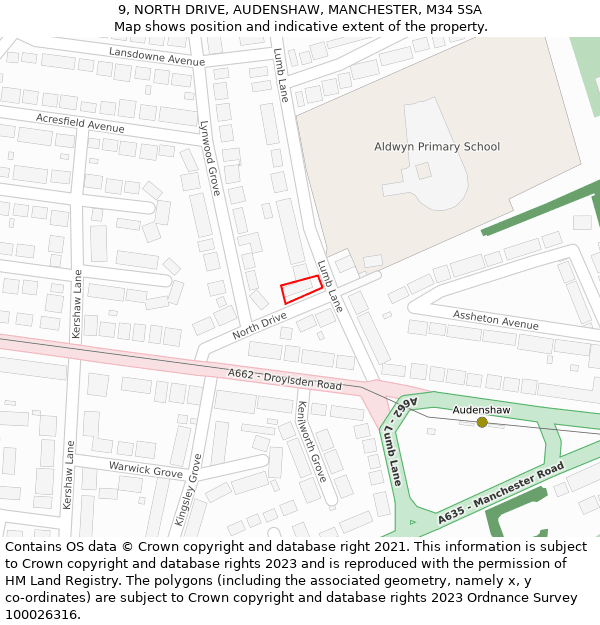 9, NORTH DRIVE, AUDENSHAW, MANCHESTER, M34 5SA: Location map and indicative extent of plot